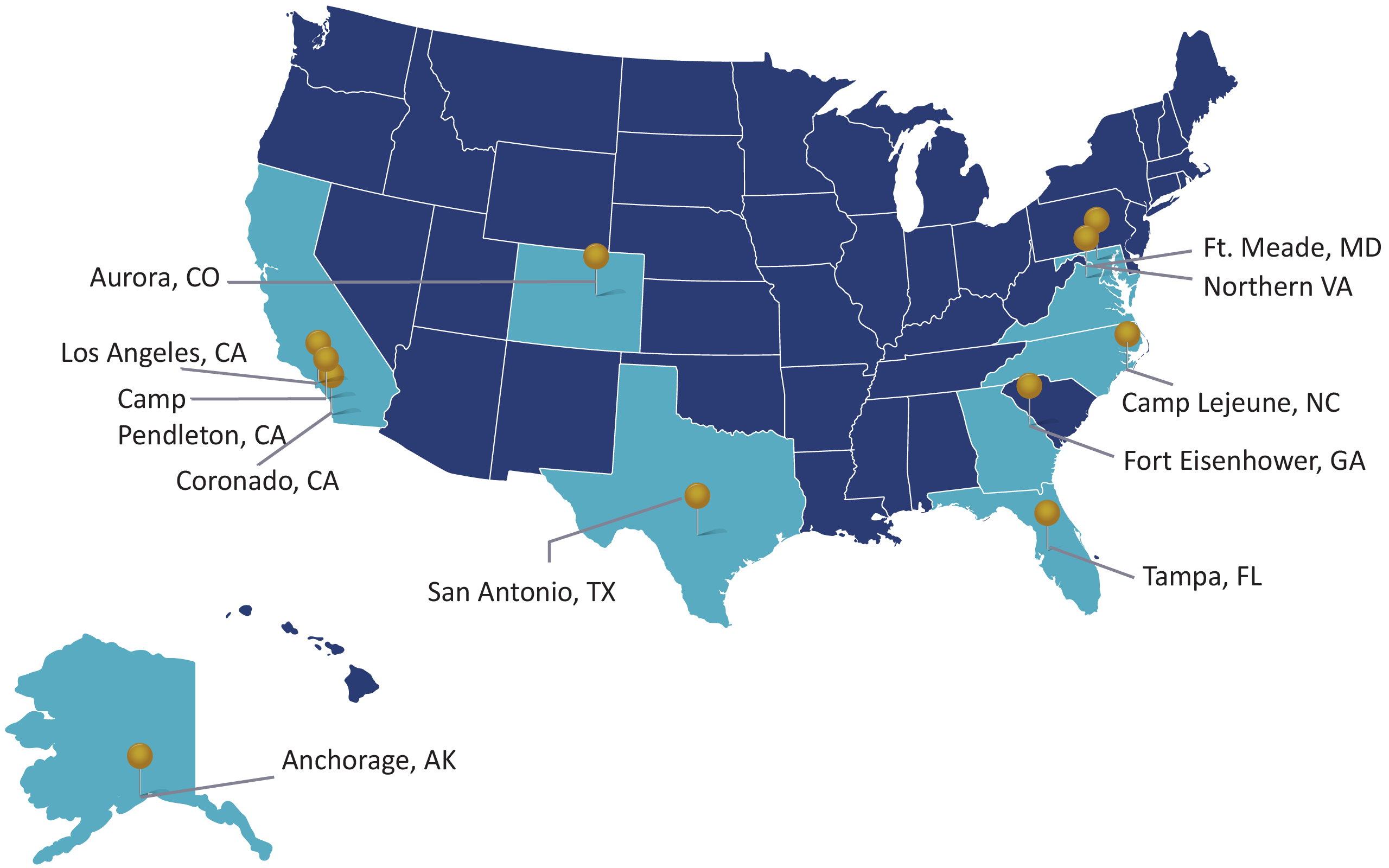 map of Tensley locations - Maryland, Virginia, North Carolina, Georgia, Florida, Texas, Colorado, California and Alaska